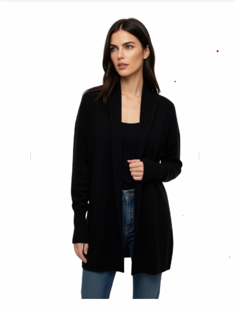 White + Warren Black Open-Front 100% Cashmere Cardigan